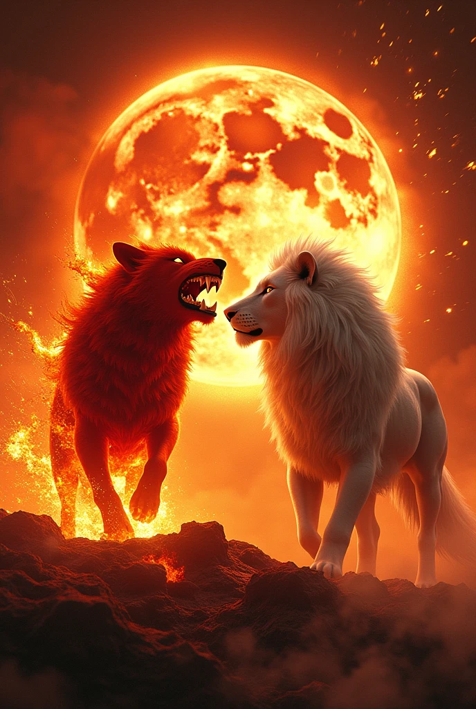 Red evil wolf and white lion all on fire moon explosions