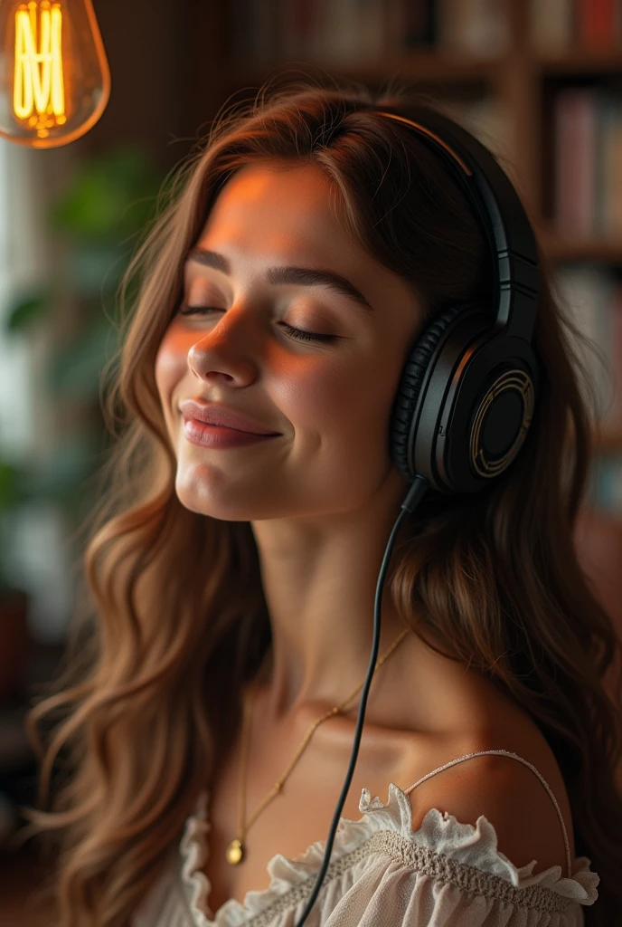 They spoke of her with admiration, not realizing they were describing the same person.Alex spoke of her enthusiasm for music. (The girl with brown hair wear headphone)