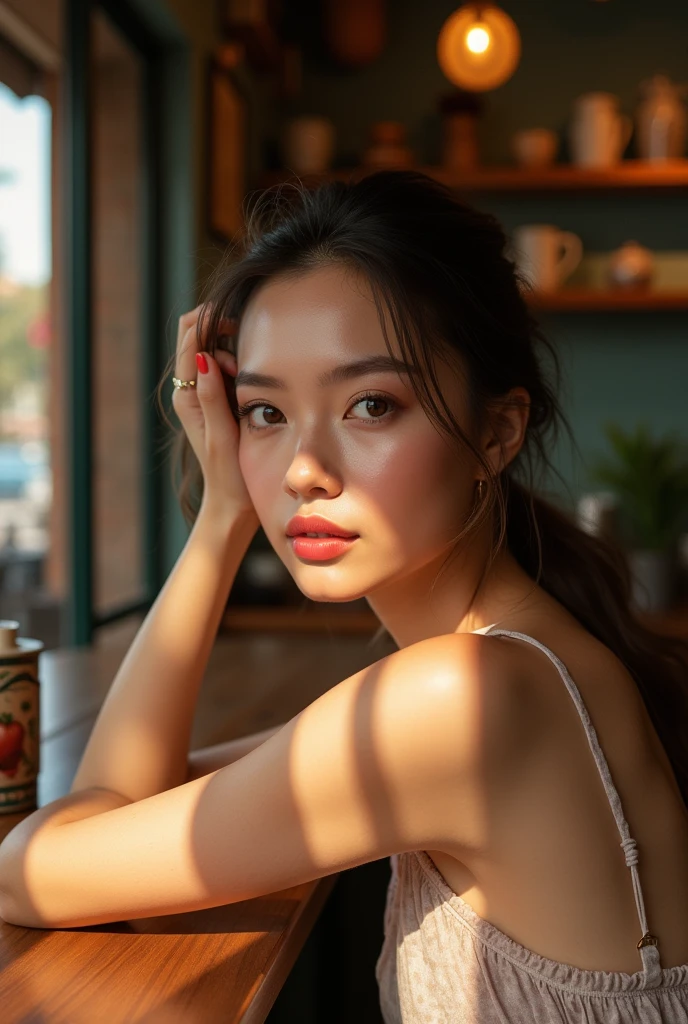 a beautiful woman leaning against cafe counter,soft diffused afternoon sunlight,gentle shadows across her face and surroundings,photorealistic,detailed facial features,detailed eyes,detailed lips,detailed skin texture,beautiful woman in cafe,beautiful cafe interior,warm lighting,natural lighting,realistic shadows,photographic lighting,photographic composition,high quality