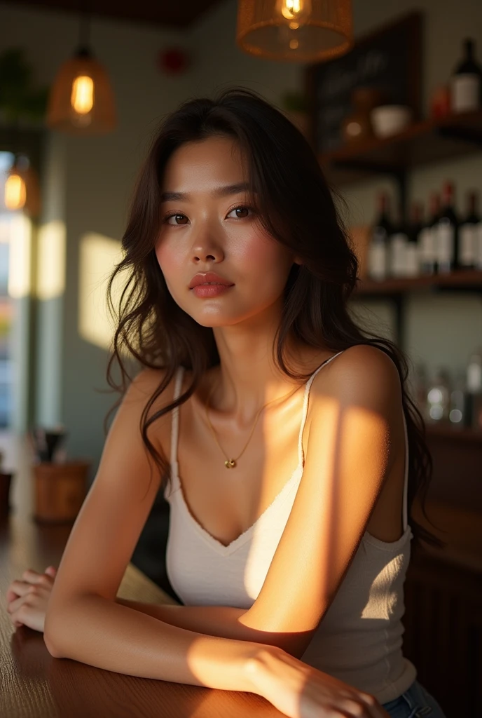 a beautiful woman leaning against cafe counter,soft diffused afternoon sunlight,gentle shadows across her face and surroundings,photorealistic,detailed facial features,detailed eyes,detailed lips,detailed skin texture,beautiful woman in cafe,beautiful cafe interior,warm lighting,natural lighting,realistic shadows,photographic lighting,photographic composition,high quality