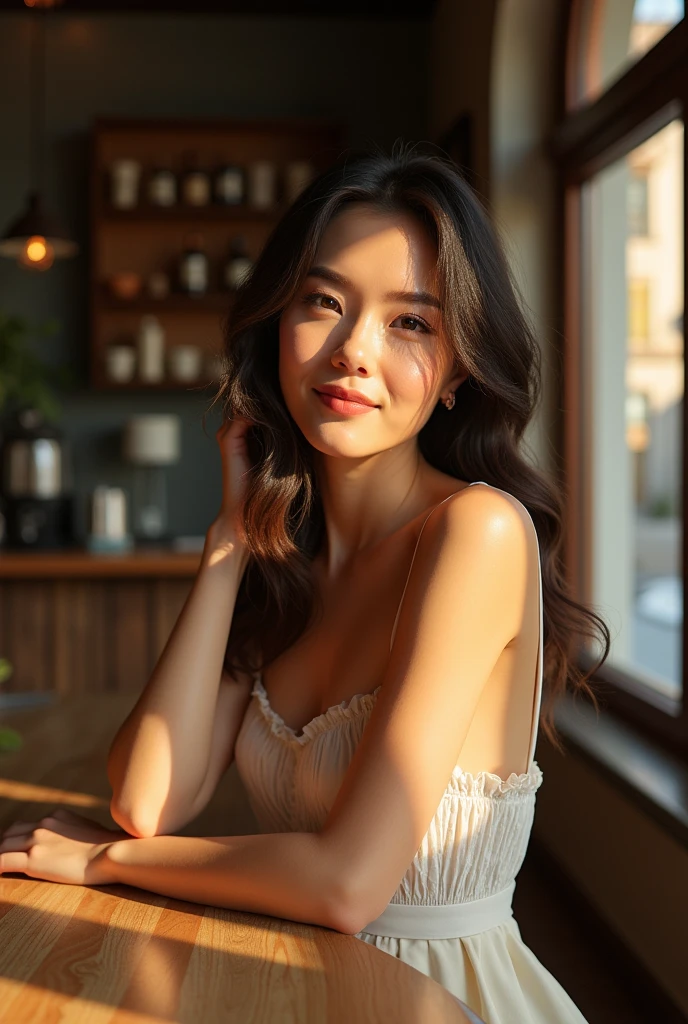 a beautiful woman leaning against cafe counter,soft diffused afternoon sunlight,gentle shadows across her face and surroundings,photorealistic,detailed facial features,detailed eyes,detailed lips,detailed skin texture,beautiful woman in cafe,beautiful cafe interior,warm lighting,natural lighting,realistic shadows,photographic lighting,photographic composition,high quality