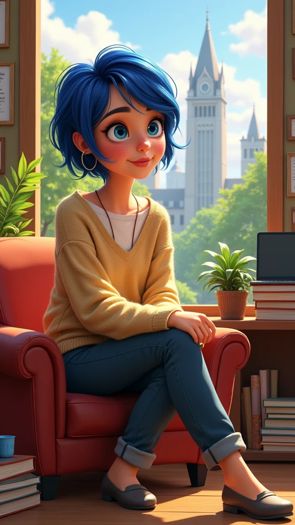 Create what the character Riley from Inside Out 2 would look like if she were in college
