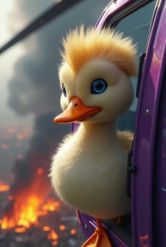 Duck Mafia with Donald Trump&#39;s Hairstyle, Soft fur, Sitting next to the door of a purple helicopter flying., Battlefield scenes, The whole place is on fire.