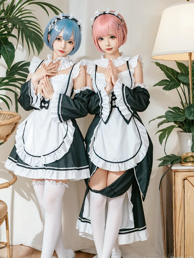Accurate depiction with high resolution,(8K, Photorealistic, Raw photo, of the highest quality: 1.3), (1girl in), Super beautiful, (Realistic face), (boyish, pink Color Berry Shorthair), Beautiful , Glare that captivates the viewer, Beautiful expression, Beautiful breasts, (Realistic skin), Be...Create a detailed and colorful image of Ram and Rem from Re:Zero, standing back-to-back in their maid outfits, with a magical fantasy background、14years old, two girls,cute, perfect face, beautiful, nice body, gothic lolita clothes, gothic lolita fashion, frilly skirt, headdress, necklace, bracelet, knee-high socks, boots, double eyelids, tear bags, Detailed down to the fingers, photo-like description, indoors, dim indoor lighting, one girl is pink hair and short bob, another girl is light blue hair and short bob,standing,whole body, composition that shows the whole body, smiling,The Both of them are wearing the same type of maid outfit,Optimal ratio of 4 fingers and 1 thumb,walking