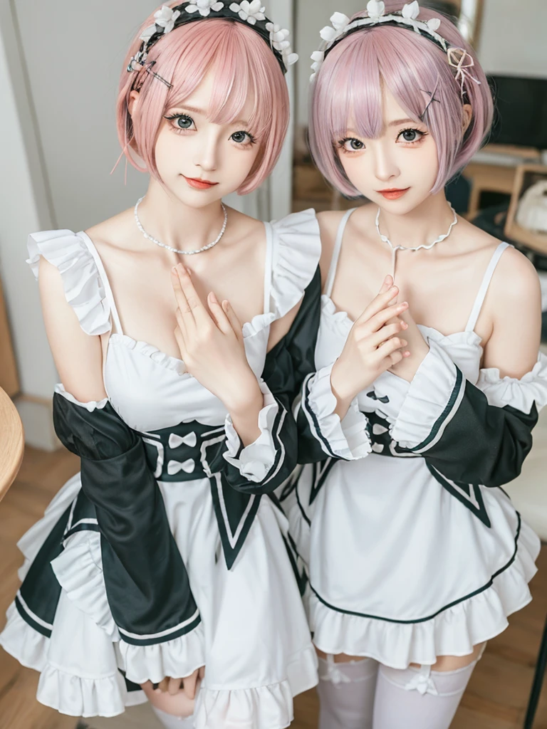 Accurate depiction with high resolution,(8K, Photorealistic, Raw photo, of the highest quality: 1.3), (1girl in), Super beautiful, (Realistic face), (boyish, pink Color Berry Shorthair), Beautiful , Glare that captivates the viewer, Beautiful expression, Beautiful breasts, (Realistic skin), Be...Create a detailed and colorful image of Ram and Rem from Re:Zero, standing back-to-back in their maid outfits, with a magical fantasy background、14years old, two girls,cute, perfect face, beautiful, nice body, gothic lolita clothes, gothic lolita fashion, frilly skirt, headdress, necklace, bracelet, knee-high socks, boots, double eyelids, tear bags, Detailed down to the fingers, photo-like description, indoors, dim indoor lighting, one girl is pink hair and short bob, another girl is light blue hair and short bob,standing,whole body, composition that shows the whole body, smiling,The Both of them are wearing the same type of maid outfit,Optimal ratio of 4 fingers and 1 thumb,walking