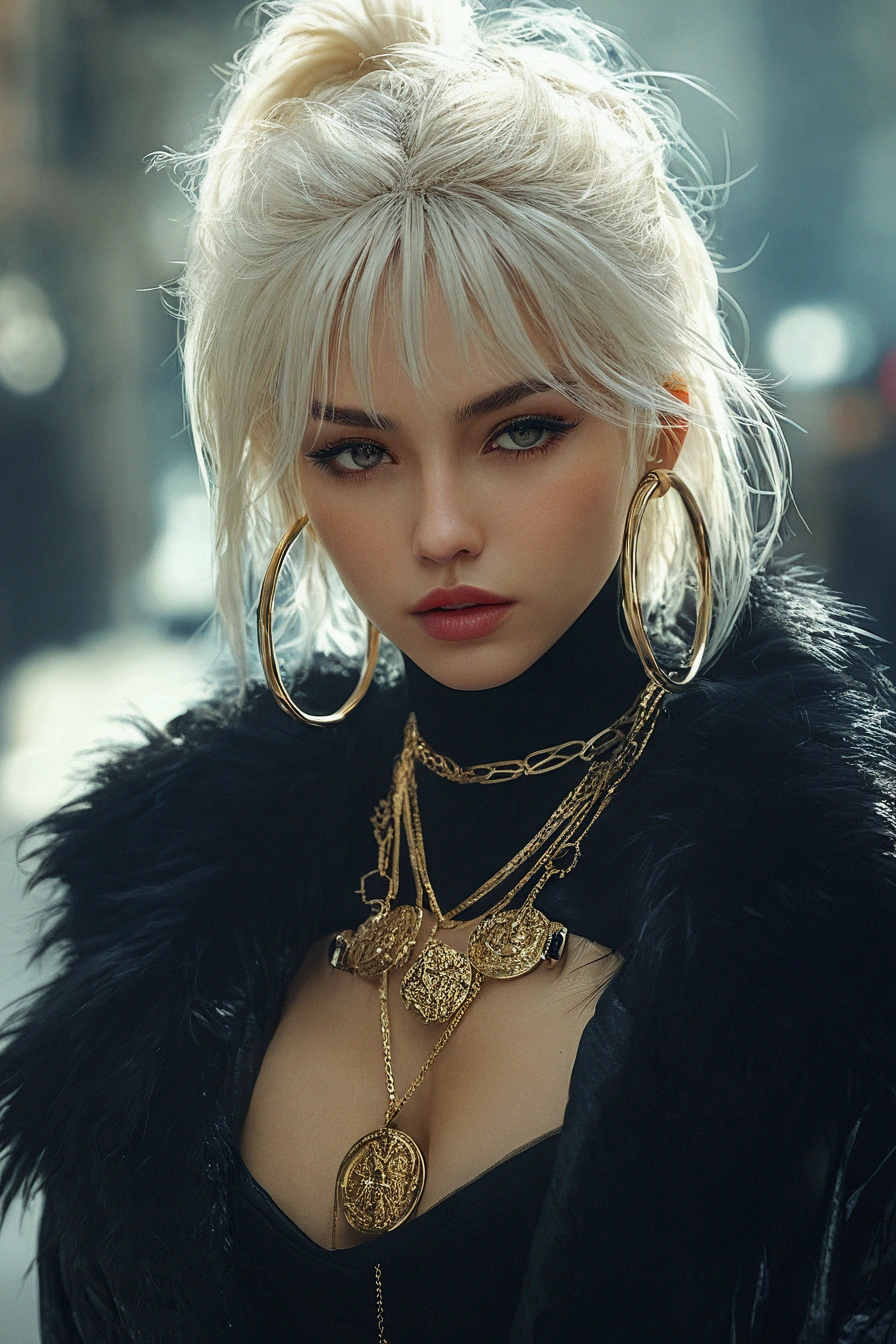 UHD ultra precise 8K digital copy of a blond haired woman with a black fur coat and gold jewelry, perfect white haired girl, inspired by Hedi Xandt, luts, stunning cgsociety, trending on cg society, artwork in the style of guweiz, trending in cgsociety, soft portrait shot 8 k, beautiful cyberpunk woman model, in style of wlop, trending on artstation 4k