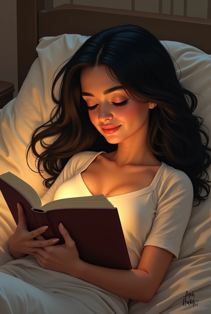 Brazilian woman, skin fair, black hair, chubby, dozing with the book in his hands
