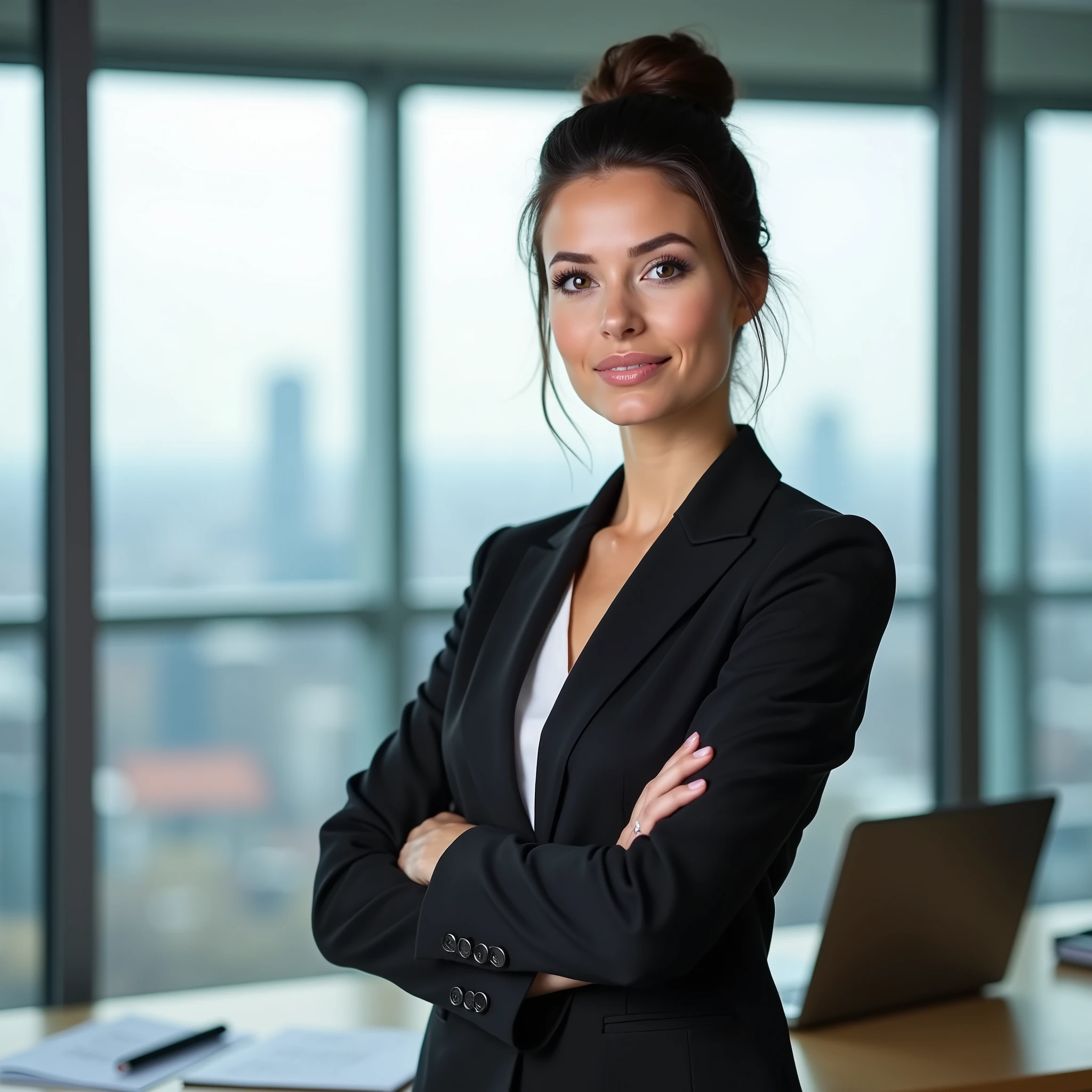 Create an image of Laura, a 3 finance manager, in a modern, high-rise office setting. She has dark brown hair styled in an elegant bun, light brown eyes filled with determination, and is wearing a tailored business suit. She stands confidently by her desk, surrounded by documents and a sleek laptop, with the cityscape of Frankfurt visible through the large windows behind her.
