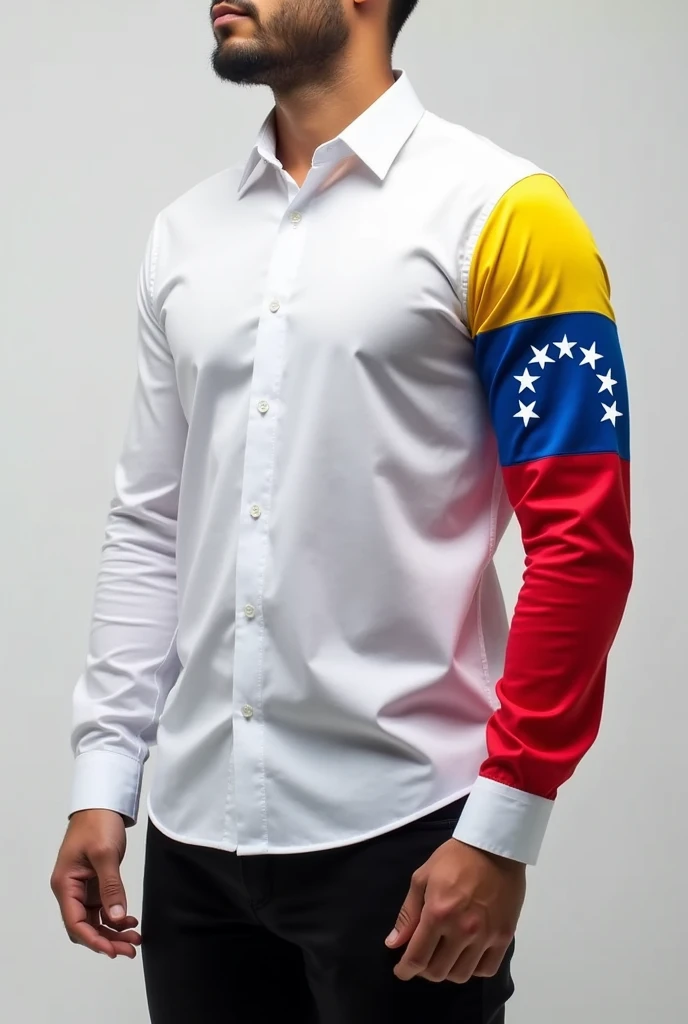 He designed a long-sleeved white dress shirt that has the Venezuelan flag drawn on one full sleeve from the shoulder to the wrist with its 7 legible and extended white stars.