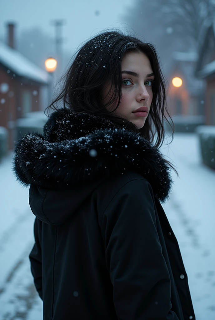 (masterpiece, hyperrealism, sharp images, photorealistic, best quality:1.5), (the image does not show her face, it only shows the back part of her) , (Full body portrait), (highly detailed face:1.5), (has white skin, highly detailed skin:1.8), (20 years old woman) (she has very black wavy hair) (breast size: 1.3), detailed hd beautiful dark green eyes, lips marked with pink lipstick, flirtatious look, big light green eyes, bold black eye shadows, huge eyelashes, (she is wearing stylish black coat for rain and snow, with cap, with sherpa lining) (she is looking at the sky) (she is walking on the sidewalk in a neighborhood of one-story houses) (everything is covered with snow) (background, it is already dark, there are black and blue clouds, it is snowing and it is cold). the perspective of her back, She is not looking at the camera