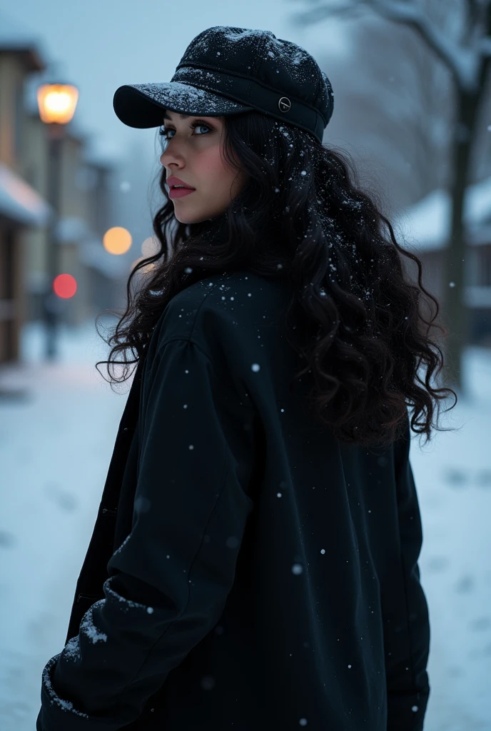 (masterpiece, hyperrealism, sharp images, photorealistic, best quality:1.5), (the image does not show her face, it only shows the back part of her) , (Full body portrait), (highly detailed face:1.5), (has white skin, highly detailed skin:1.8), (20 years old woman) (she has very black wavy hair) (breast size: 1.3), detailed hd beautiful dark green eyes, lips marked with pink lipstick, flirtatious look, big light green eyes, bold black eye shadows, huge eyelashes, (she is wearing stylish black coat for rain and snow, with cap, with sherpa lining) (she is looking at the sky) (she is walking on the sidewalk in a neighborhood of one-story houses) (everything is covered with snow) (background, it is already dark, there are black and blue clouds, it is snowing and it is cold). the perspective of her back, She is not looking at the camera