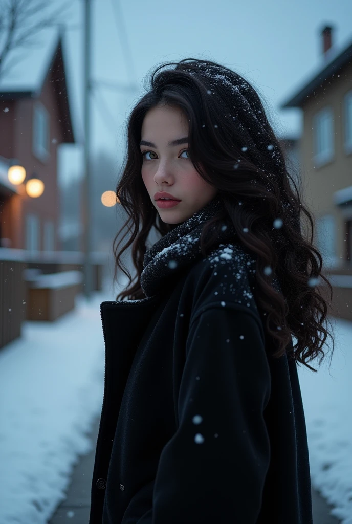 (masterpiece, hyperrealism, sharp images, photorealistic, best quality:1.5), (the image does not show her face, it only shows the back part of her) , (Full body portrait), (highly detailed face:1.5), (has white skin, highly detailed skin:1.8), (20 years old woman) (she has very black wavy hair) (breast size: 1.3), detailed hd beautiful dark green eyes, lips marked with pink lipstick, flirtatious look, big light green eyes, bold black eye shadows, huge eyelashes, (she is wearing stylish black coat for rain and snow, with cap, with sherpa lining) (she is looking at the sky) (she is walking on the sidewalk in a neighborhood of one-story houses) (everything is covered with snow) (background, it is already dark, there are black and blue clouds, it is snowing and it is cold). the perspective of her back, She is not looking at the camera