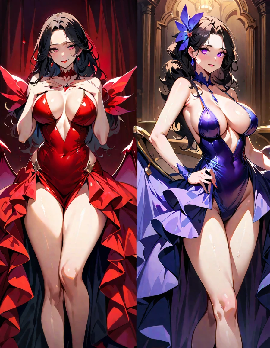A young and beautiful woman and a mature and seductive woman:1.2,(Highest quality,Extremely detailed depiction,Incredibly absurd high resolution,Anatomically accurate depiction,Curvy Legs,Vertically drawn pupils,Shiny skin,Porcelain-like skin),(Succubus Sisters),(Elegant Gala Dresses,Fluffy Dress,Conservative dress,Gorgeous)eyelash,Sweat,(Glowing purple eyes,Crazy Eyes,Large Breasts,A seductive smile,lustrous red lips,Flashy makeup,Sisters' Seductive Gestures,Sisters hugging each other:1.3,Half-closed eyes:1.5),Luxury accessories,earrings,necklace,Bracelet,whole body,