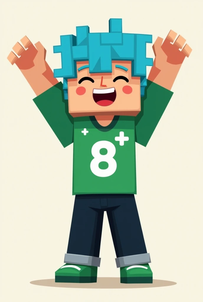 Make a cartoon image of a minecraft character, Caucasian skin, hair blue, green shirt with a white eight in the middle and two white stars above the eight, black pants, green shoe, make him happy by waving