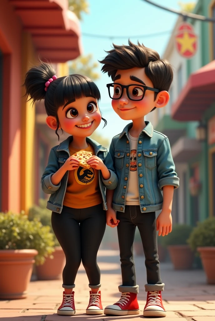 A couple arm in arm, The girl is smiling, she is of robust build with wide legs, small ears and light complexion., wide nose big brown eyes hair in a bun and straight curtain bangs, did you wear a Jurassic Park megra blouse?, black denim jacket and black jeans with red high top converse. The boy with a thin build, tez morena, He wears square glasses, a wide nose, small eyes, short dark straight hair, small ears, wears black dress pants and a sky blue button-down dress shirt, stars of a Disney Pixar movie, digital art, eating pizza