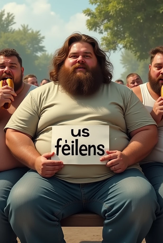 Une personne obèse, avec une barbe, à peut prêt 21 ans, cheveux brun. qui tiens une affiche avec marquer " US Feillens " dans la main gauche sans images sur l'affiche. il as des cheveux long mais qui ne descendent pas et il a une barbe. il tiens aussi dans sa main droite un hot-dog . il a un t-shirt simple qui ne lui va pas entièrement, on voit son ventre et son nombril . il transpirent des dessous de bras. il est assis sur un banc avec deux autres personnes obèse à coté de lui qui mangent des hot-dogs.