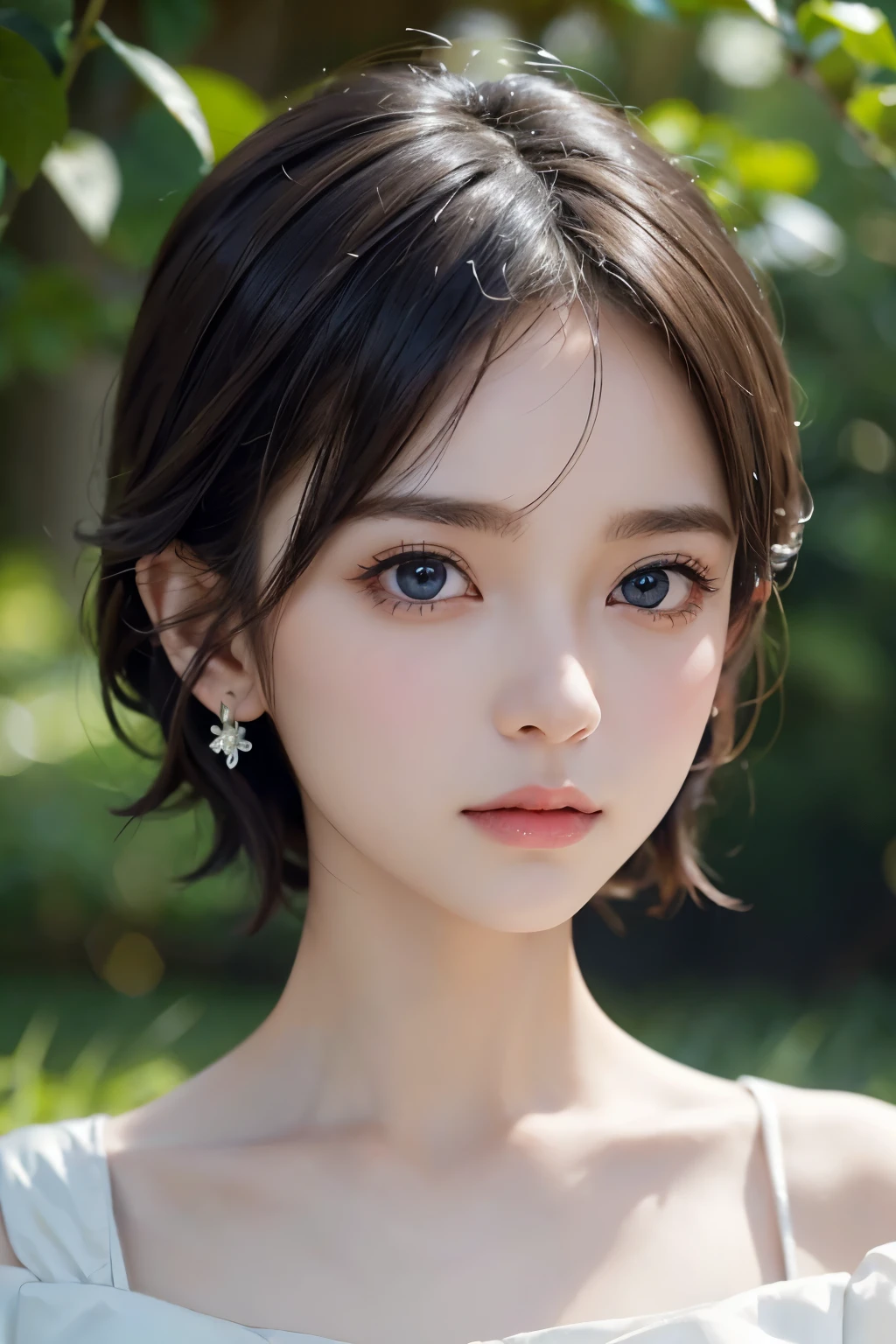 １４age、short hair、grassland、Image from chest up:1.6)、Close-up portrait of a woman wearing a white off-the-shoulder dress and earrings, Soft Portrait Shot 8k, Nice delicate face, High-quality 4K portraits, High-quality portraits, Soft and perfect white skin, 8k highly detailed face, Beautiful delicate face, Beautiful light big eyes, 美しい and realistic face,