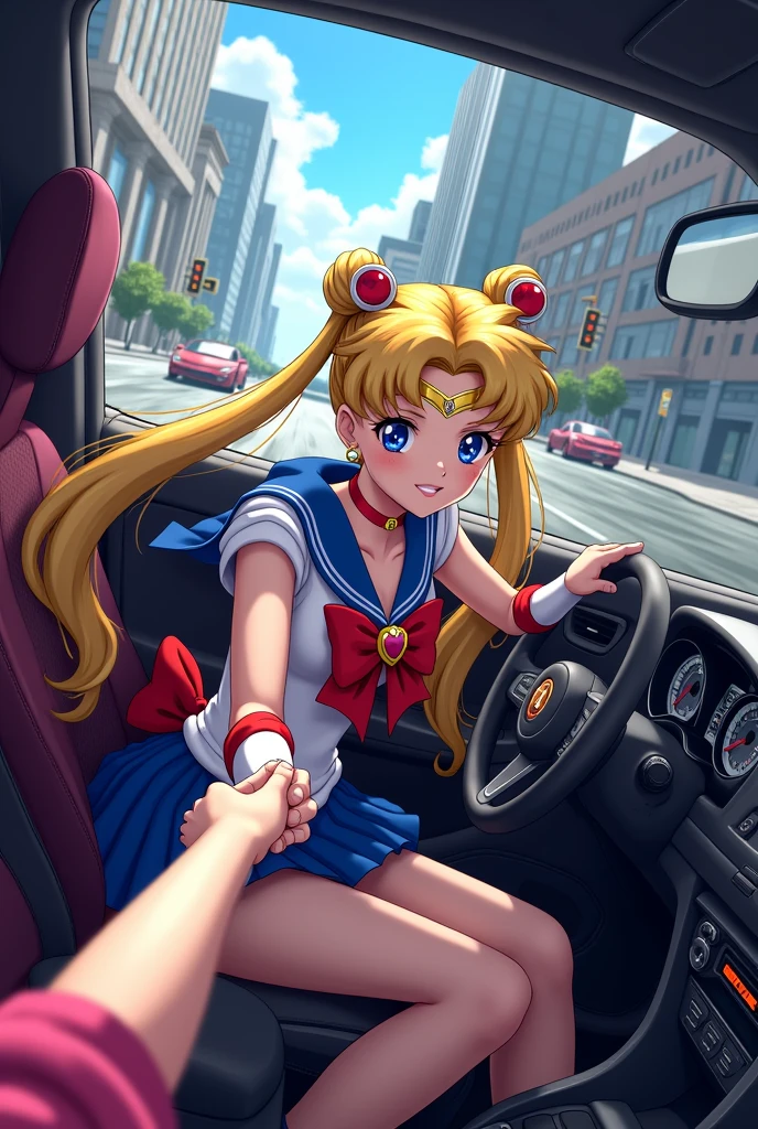 Sailer Moon driving car . The feet pump the pedal And she hold your Hand .you sitting behind her