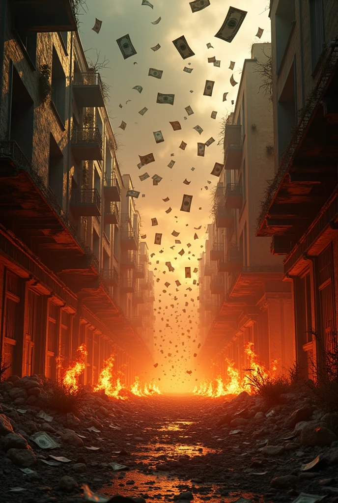 A banner for a free faire game betting channel should have the following sentences.Complete your registration now and start enjoying our features! It's quick and easy. A background of an abandoned city and money falling from the sky on fire and the phrase in the center .Complete your registration now and start enjoying our features! It's quick and easy.