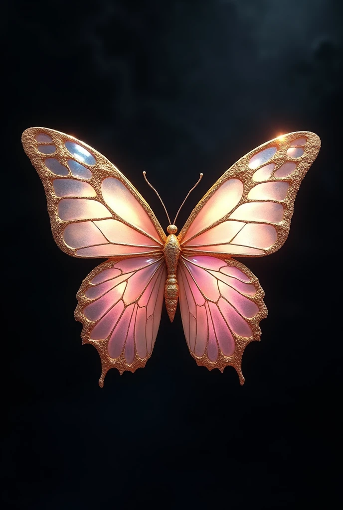 Black background with a butterfly in the middle of the screen, with colors in combination with pale pink and gold, crystal art style,