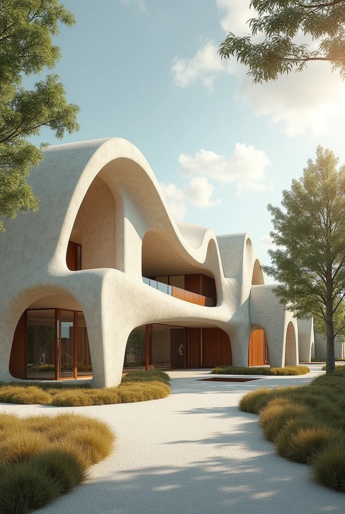 Create an image of equine therapy stables that looks complete with the characteristics of the works of architect Carme Pinós on the outside and create the place with abstract figures superimposed with uncommon figures., without simple squares from a very wide view 