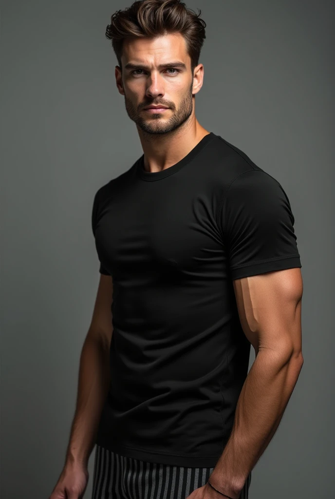 handsome man,  standing straight facing forward,with black t-shirt, Jeans, on a greyish background, cotton t-shirt texture, fitted t-shirt, round neck, striped tights. Medium camera shot