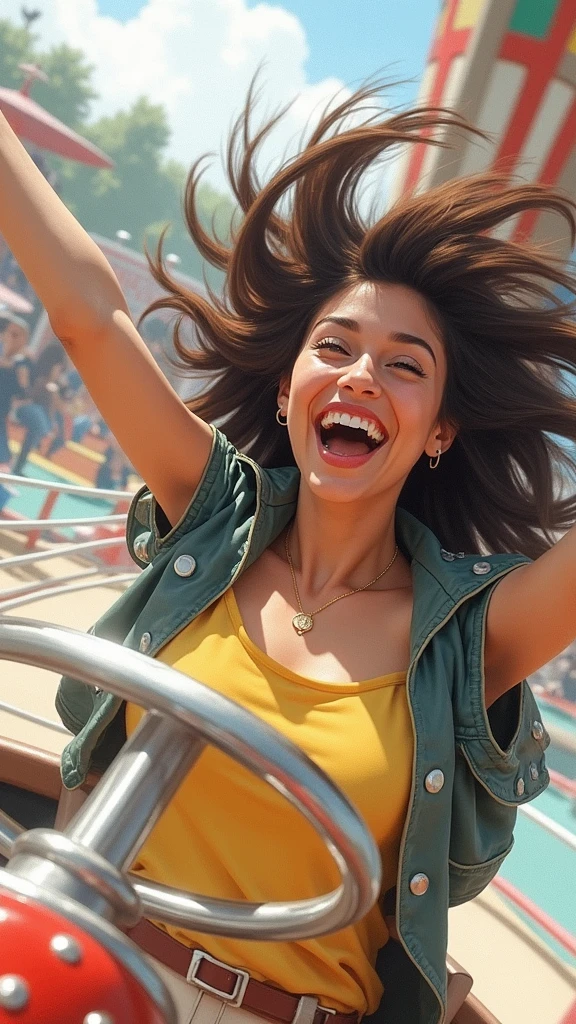 Elle hurle de joie dans un manège a grande sensation