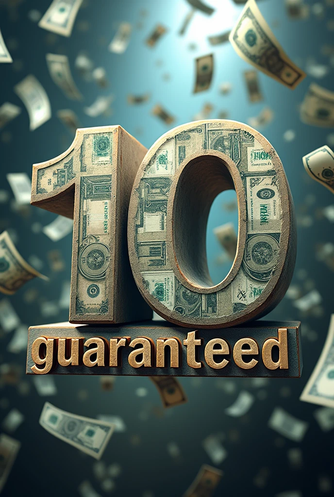 Image with the phrase "Stake 10 guaranteed" super big all the words, and in the background bills.flying