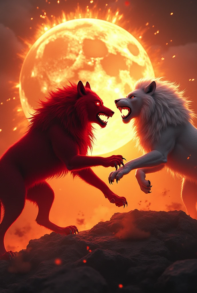 Red evil wolf and evil white lion all on fire moon explosions