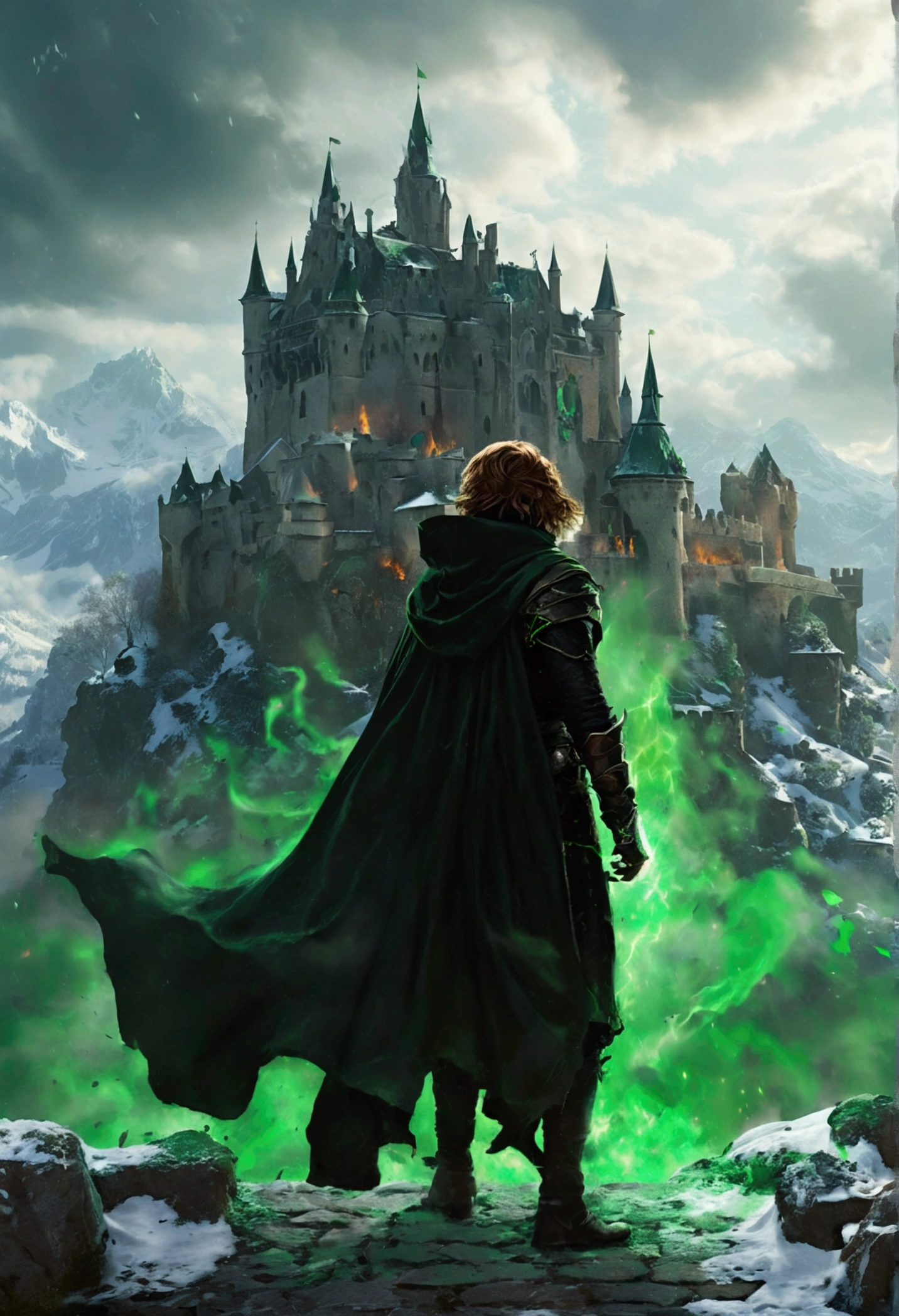 A 2 sorcerer, with short hair, Brown color. He wears a black cape and clothing with subtle hints of green.. It is located in front of a very large castle., old baroque style, It also has a very sinister aura., which rests on some green and somewhat snowy mountains. The weather is cold and very cloudy. Has a green aura around him. It also generates green fire.. She has a slender body. With his sorcerer powers he tries to tear down the castle 