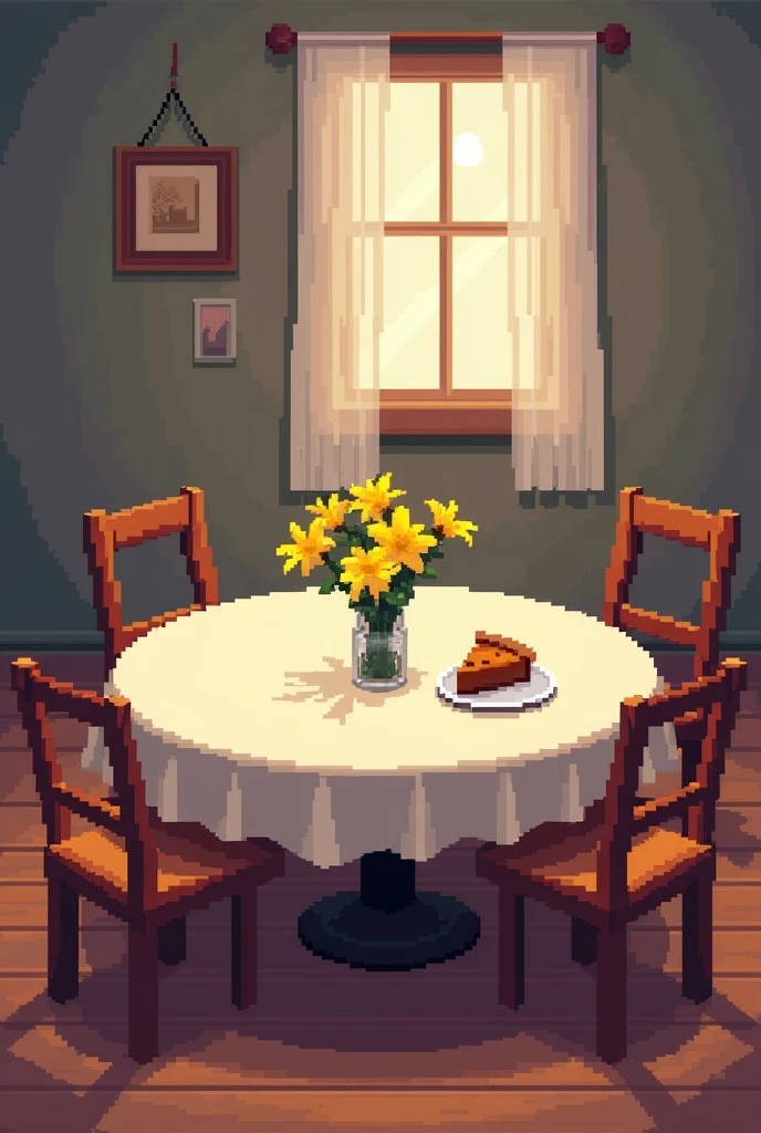 Create a large dining table with 4 chairs with a vase of yellow flowers in the middle, and in one corner of the table a plate with a slice of cinnamon pie. All this with a video game-like pixelated style similar to the visual and artistic style of Undertale..