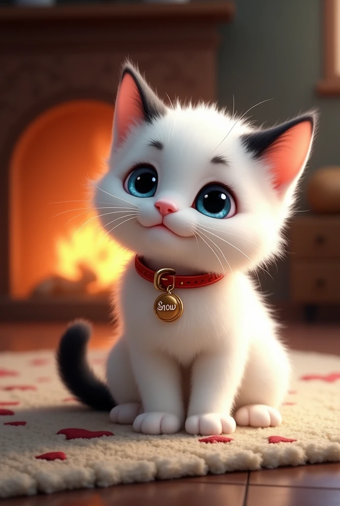 A cute and furry white kitten with a black tail with a black spot on its back and black markings after its ears and a black nose with blue eyes with a red collar with a pendant saying "Snow" what is the name of the cat sitting on a rug with a fireplace behind it