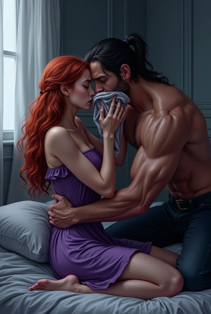 Photo
Dans une chambre une jeune fille est couché sur le lit . En arriere plan il y a une fenetre.
La jeune fille a des cheveux rouges longs et ondulés habillée avec une robe violette elle est couchée sur le lit elle veut crier mais un jeune homme musclé aux cheveux noir longs en queue de cheval l'empeche de crier femme en mettant appuyant un tissu contre la bouche de la jeune femme pour étouffer ses cris a elle