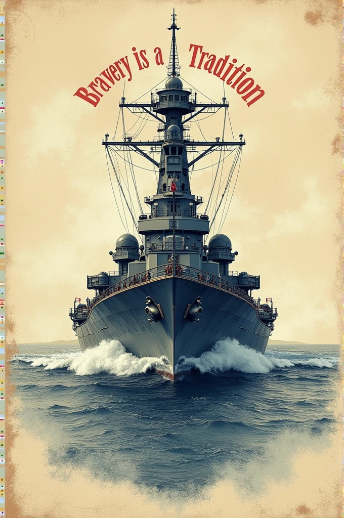 Illustrate a vintage naval ship with a distressed effect Place the quote “Bravery is a Tradition” above or below the ship.