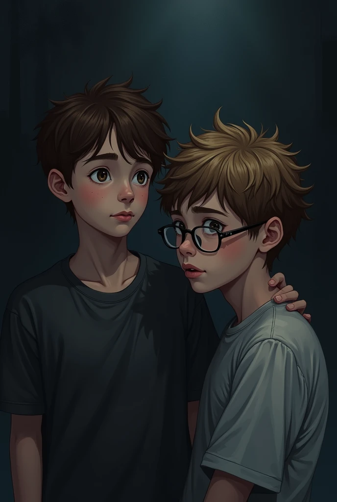 A brown-haired boy with hazel eyes and a small boy with brown hair and blonde highlights, light brown eyes and glasses in a dark possessive and jealous environment