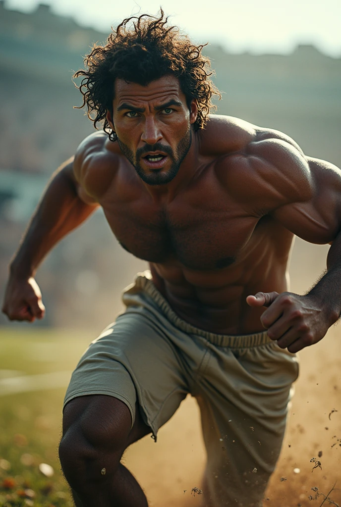 a muscular man with curly hair and blue eyes, one playing american football, realistic high quality image, cinematic lighting, hyper detailed, intricate details, octane render, 4k, photorealistic, sharp focus, unreal engine, dynamic pose, action scene, heroic, powerful, intense, dramatic