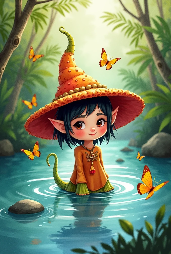 A cute Colombian elf with a pitaya hat, in a deep river Caño Cristales in Colombia with yellow butterflies around, in a watercolor style