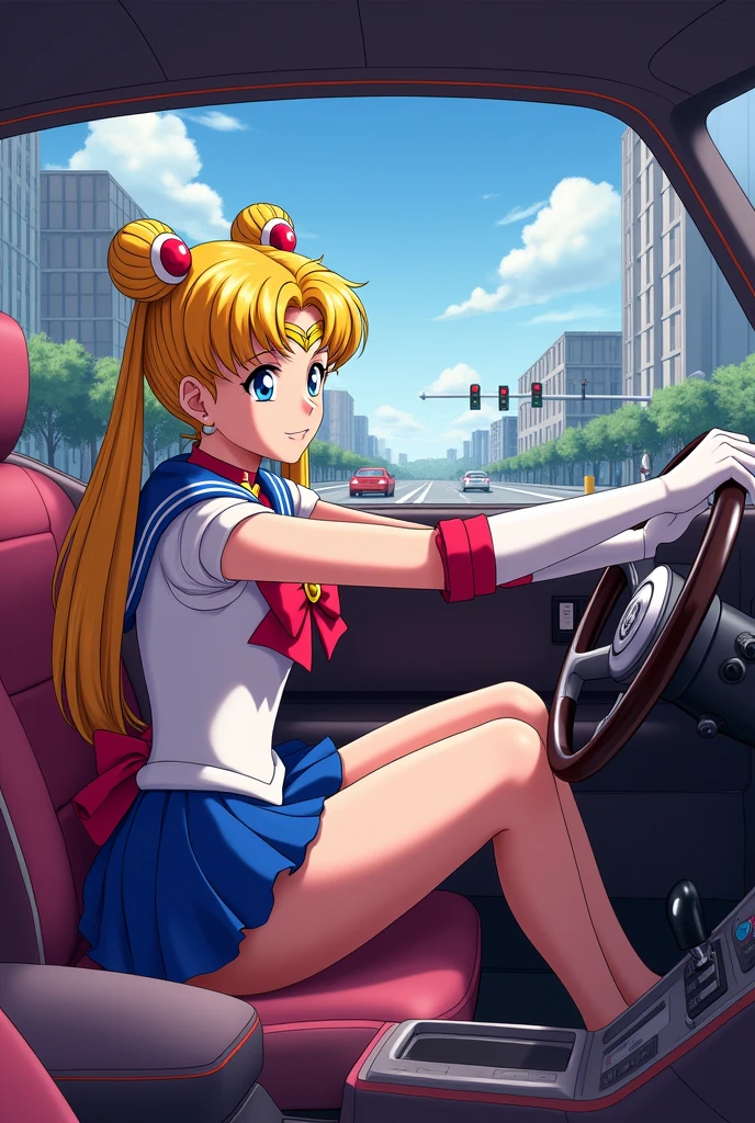 Sailer Moon driving car . The feet pump  the pedal And she hold your Hand .you sitting behind her 
