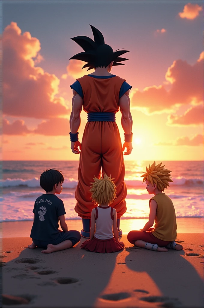 Naruto luffy and ichigo Kneel before goku in beach at evening time