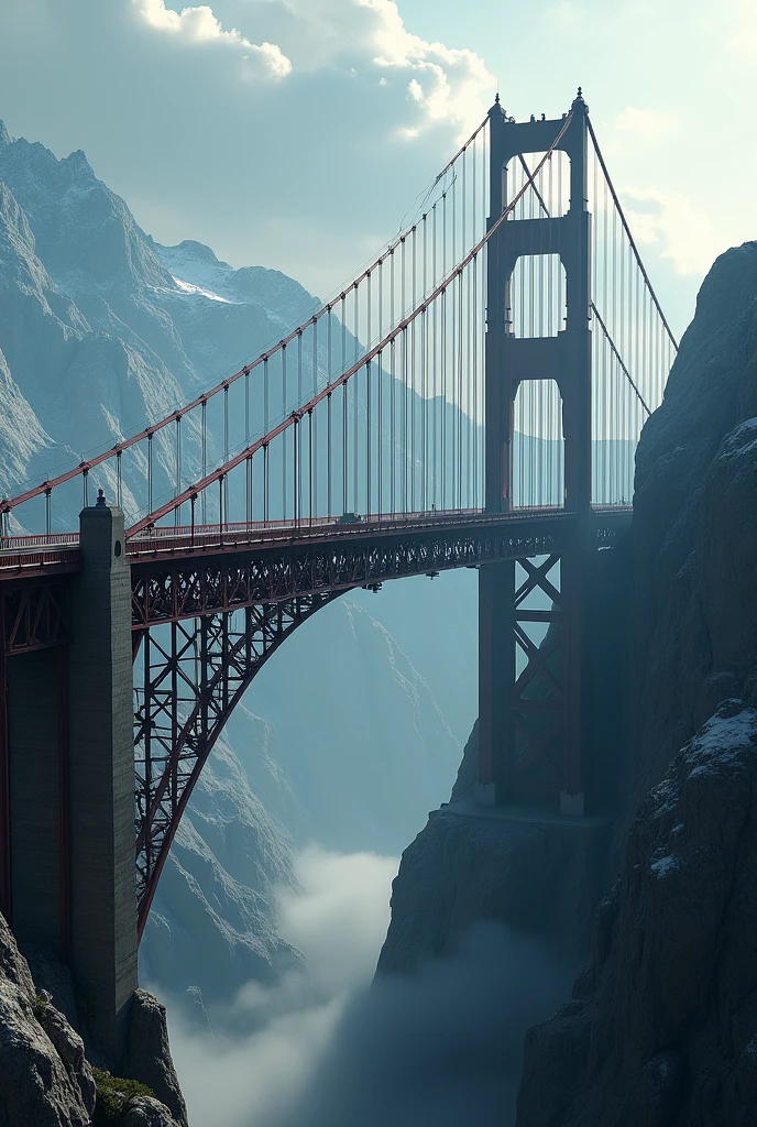 a massive suspension Chains bridge connecting two cliffsides, dramatic cliffside landscape, rocky mountains, cloudy sky, dramatic lighting, cinematic, epic scale, highly detailed, photorealistic, 8k, best quality, masterpiece
