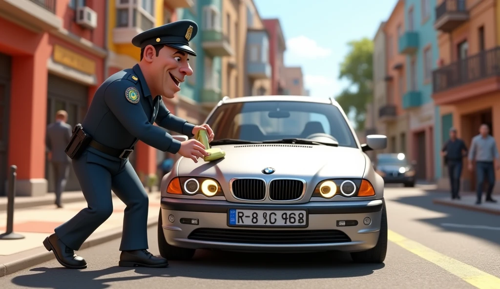 Im Stil von Pixar 3D-Animation filmen. Policeman mounts parking clamp on a silver BMW E46 Compact.