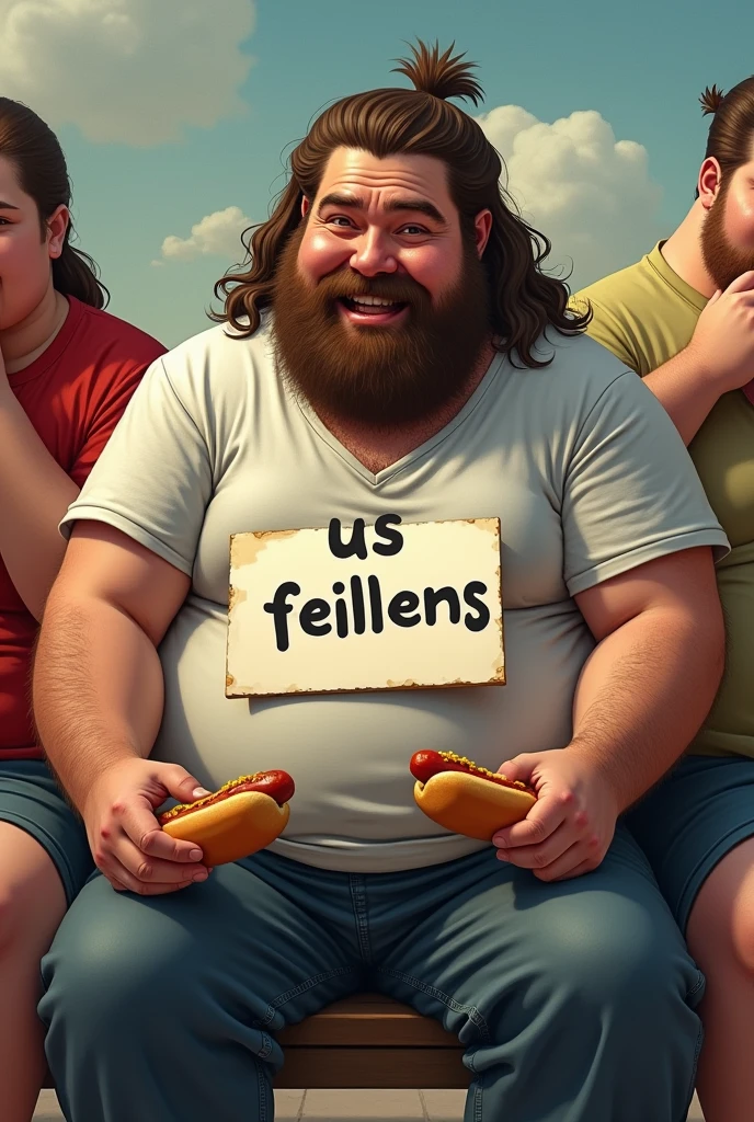 Une personne obèse, avec une barbe, à peut prêt 21 ans, cheveux brun. qui tiens une affiche avec marquer " US Feillens " dans la main gauche sans images sur l'affiche. il as des cheveux long mais qui ne descendent pas et il a une barbe. il tiens aussi dans sa main droite un hot-dog . il a un t-shirt simple qui ne lui va pas entièrement, on voit son ventre et son nombril . il transpirent des dessous de bras. il est assis sur un banc avec deux autres personnes obèse à coté de lui qui mangent des hot-dogs.