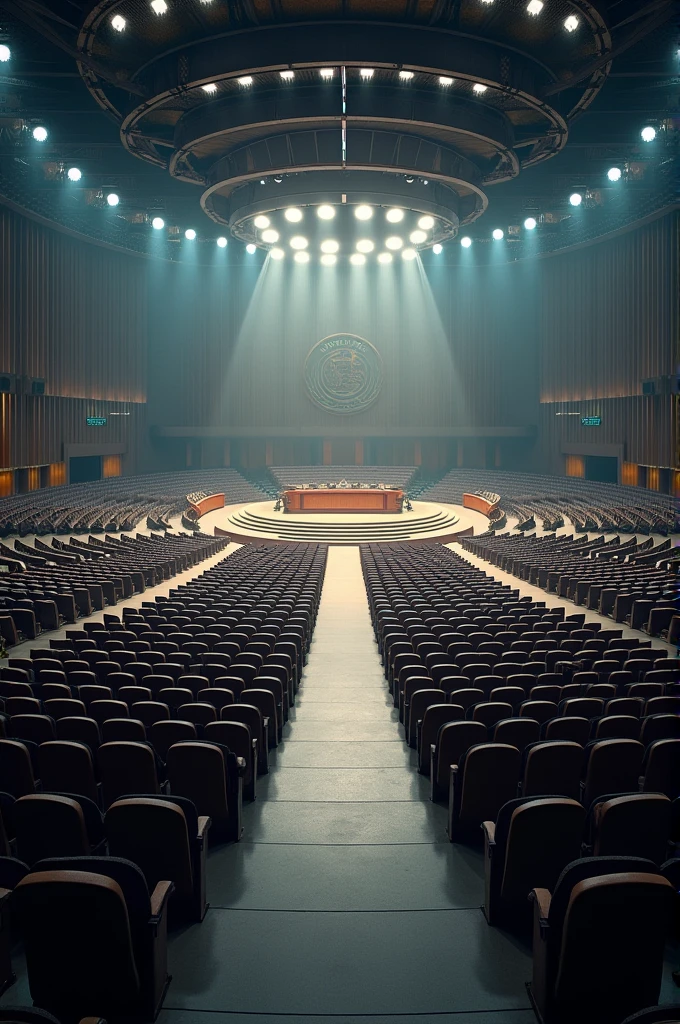 A very huge and wide meeting hall, with many rows and Columns of chairs devided with 7 walk ways,bright light in the building,ceiling with many spot lights, A very wide Huge circular stage in the middle 