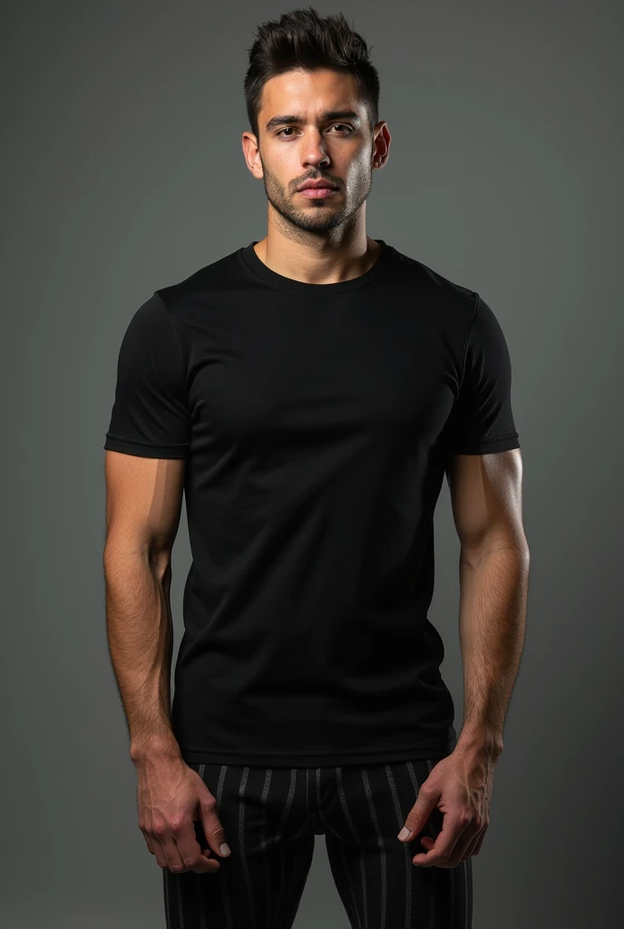 handsome man, standing straight facing forward,with black t-shirt, Jeans, on a greyish background, cotton t-shirt texture, fitted t-shirt, round neck, striped tights. Medium camera shot