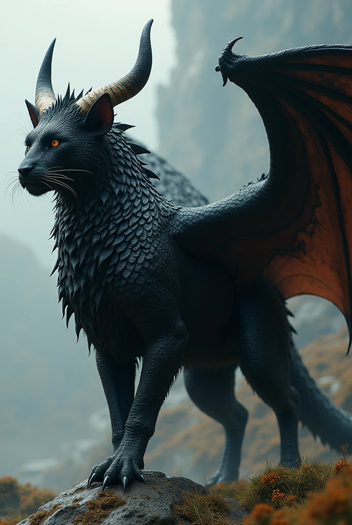 a black cat, similar in size to a large dog, with a dark, shiny coat. He has a pair of bull horns that curve upwards. Its wings are similar to those of a bat, membranous and standing out from the back. The cat's body is covered with dragon scales that give it a robust and imposing appearance.. The combination of these characteristics creates a majestic and unique creature., mixing feline elegance with fantastic elements.