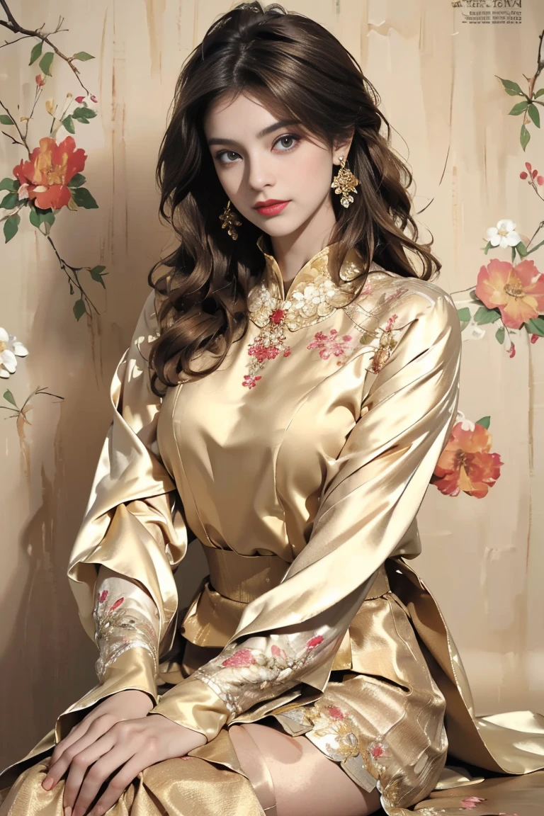 (masterpiece, best quality), (magazine cover), elegant, sophisticated, chic, subtle glamour, (slightly Western-inspired design), ((golden silk blouse with delicate floral embroidery)), (golden satin pencil skirt with a soft drape)), ((long sleeves with light pleats for an airy feel)), (styled with light waves in honey-brown hair), (minimalistic jewelry to accentuate the look), ((neutral makeup with a slight shimmer to highlight the features)), (background with warm, soft lighting), (attention to fabric texture and shine, not overly flashy), (for an evening event but can be worn for sophisticated day outings), (realistic details).