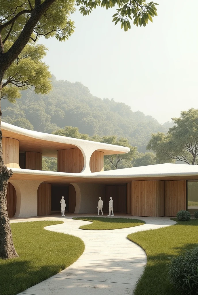 Create an image of equine therapy stables that looks complete with the characteristics of the works of architect Carme Pinós from the outside and create the place with abstract figures superimposed with uncommon figures from a very wide view.
