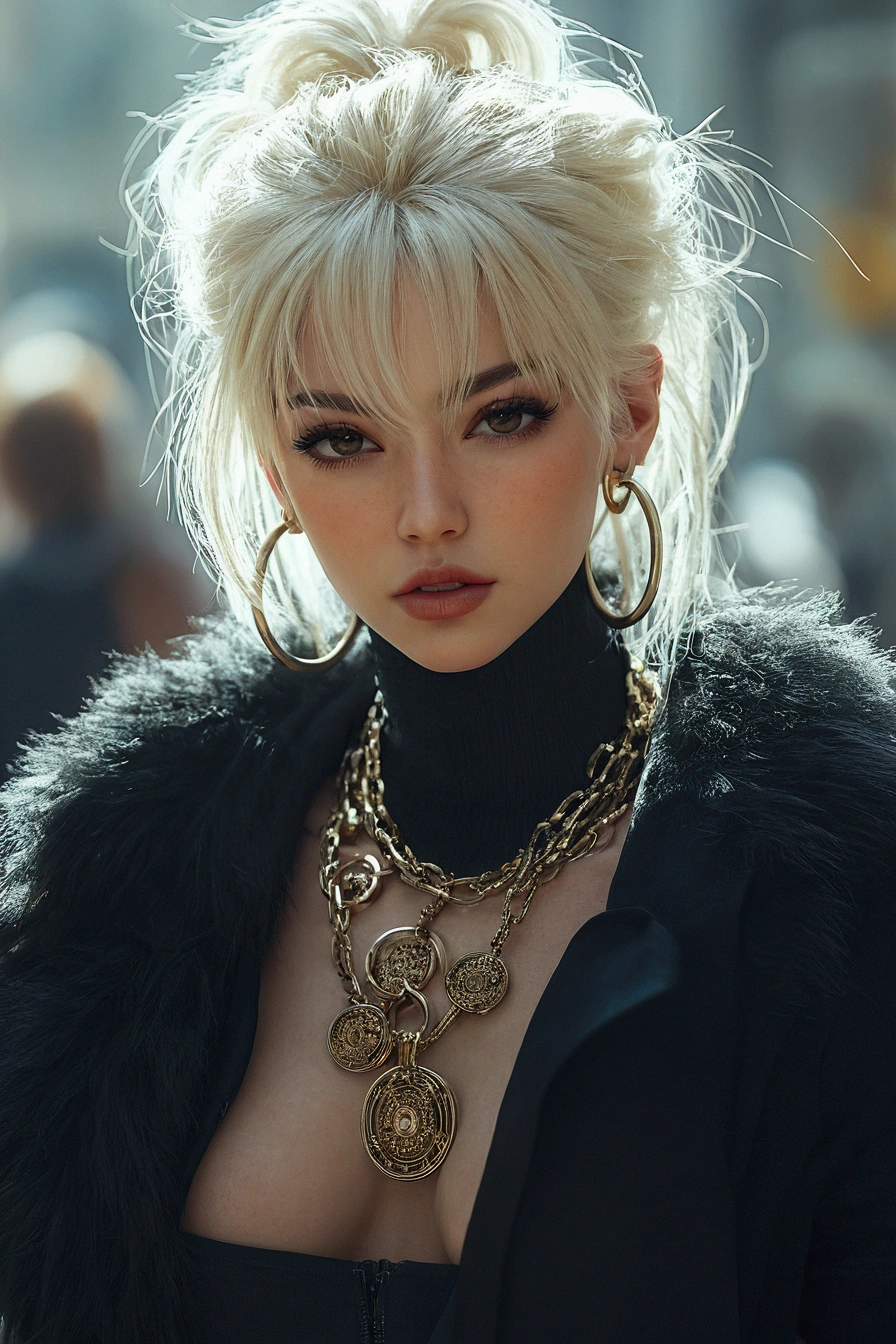 UHD ultra precise 8K digital copy of a blond woman with a black top and a gold necklace and a black jacket, in style of wlop, trending in cgsociety, stunning cgsociety, inspired by Hedi Xandt, cgsociety portrait, luts, trending on artstation 4k, trending on cg society, trending on artstation hd, g cgsociety