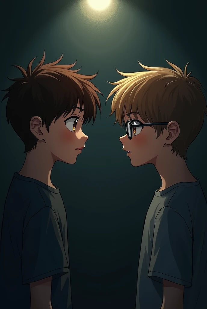 A brown-haired boy with hazel eyes and a small boy with brown hair and blonde highlights, light brown eyes and glasses in a dark possessive and jealous environment