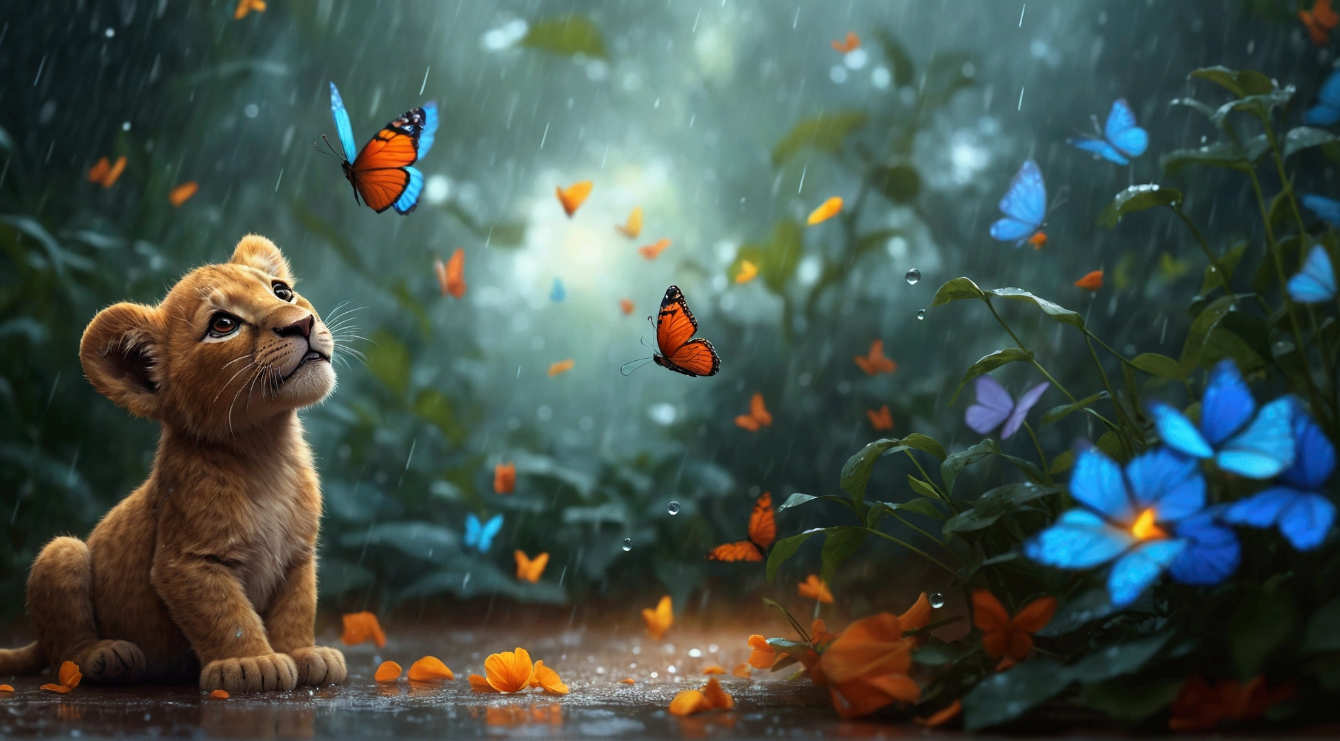 In hyperrealistic Pixar style. There is a happy lion cub sitting in the rain with butterflies flying around him, Highly detailed 4k digital art, hd wallpaper, Beautiful UHD 4K art, beautiful digital artwork, detailed painting 4k, beautiful 3 - d 4k composition, 4k realistic digital art, 4k realistic digital art, 4 k hd wallpaper very detailed, Adorable digital painting, beautiful digital painting